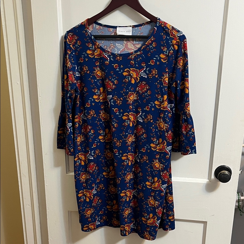 French Grey Blue Floral Dress
